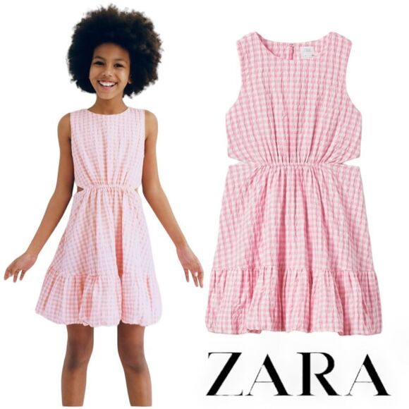 ZARA Kids | Pink | TEXTURED GINGHAM CUT OUT DRESS - Picture 1 of 5